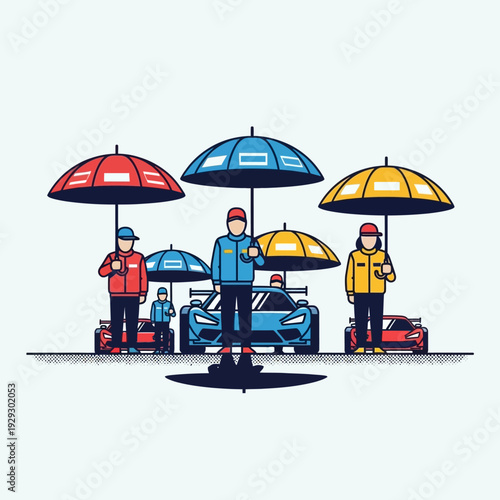 Race car pit crew with umbrellas protecting vehicles from rain