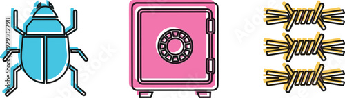 Vector icon set featuring colorful flat illustrations of a blue beetle bug for cybersecurity, a pink metal vault safe, and yellow barbed wire for protection.