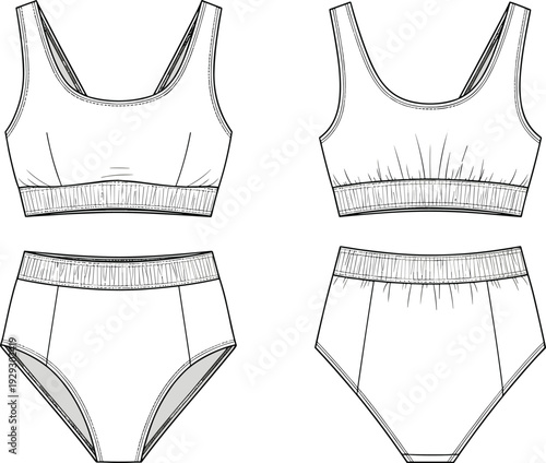Women sports bra and high waist panties set technical fashion illustration, lingerie garment template front and back viewWomen sports bra and high waist panties set technical fashion illustration