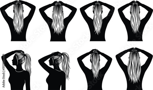 Woman ponytail hairstyle silhouette set with back and side views, long hair styling vector illustration collection