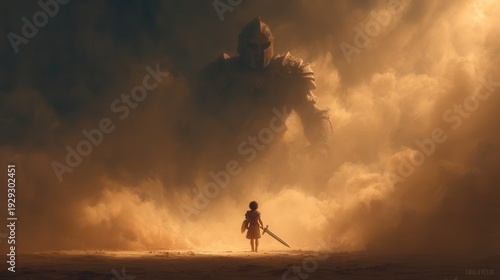 Young David facing the giant Goliath on an ancient battlefield at sunrise. Dramatic sky, detailed ancient armor, and cinematic lighting create an epic and powerful atmosphere. Concept of courage, fait