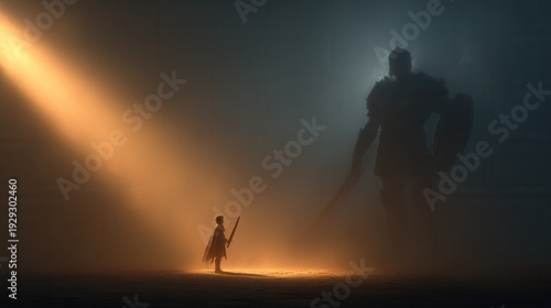 Young David facing the giant Goliath on an ancient battlefield at sunrise. Dramatic sky, detailed ancient armor, and cinematic lighting create an epic and powerful atmosphere. Concept of courage, fait