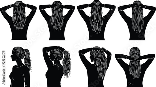 Woman ponytail hairstyle silhouettes set, female back and side view hair styling vector illustration collection isolated