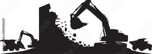 Black silhouette of excavators and dump trucks demolishing building