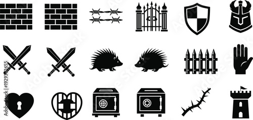 Vector silhouette icon set featuring security and defense elements like brick walls, barbed wire, castle towers, shields, safes, swords, porcupines, and locked heart for protection.