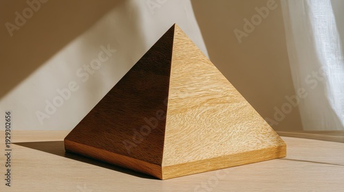 Geometric Pyramid with Textured Surface Casting Shadows on Textured Beige Tabletop Against Neutral Background with Soft Natural Light Creating Elegant Contrast