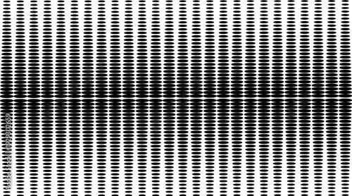 Black and white optical illusion, black oval pattern repeating in a grid, wave distortion effect in the middle, high contrast, minimal.