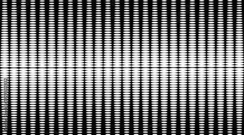 Black and white optical illusion, White oval pattern repeating in a grid, wave distortion effect in the middle, high contrast, minimal. Eps10 Vector