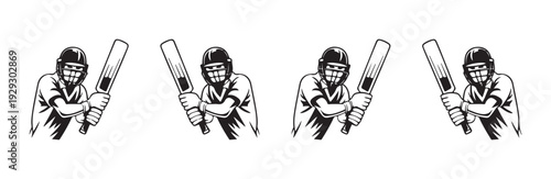 Four graphic depictions of cricket batsman holding bat preparing to play sport action poses