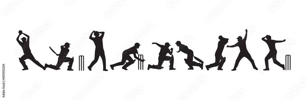Fototapeta premium Sequence of cricket player actions silhouettes showing bowling batting fielding and wicket defense