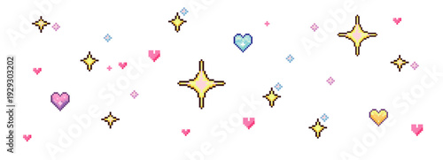 Pixel art sparkle stars and heart icons  retro background