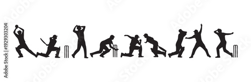 Sequence of cricket player actions silhouettes showing bowling batting fielding and wicket defense