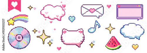 Pixel art cute sticker pack with chat bubbles rainbow and icons