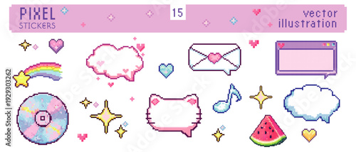 Pixel art cute sticker set with chat bubbles rainbow and icons