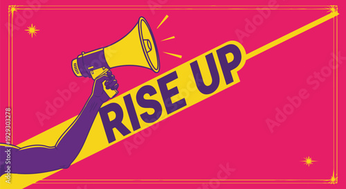 Arm holding megaphone with rise up text on pink background