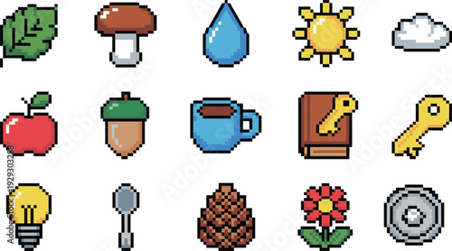 Pixel art item icon set featuring leaf, mushroom, water drop, sun, apple, key, book, retro 8bit sprites