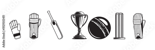 Detailed cricket equipment icons showing glove pad bat trophy ball and wicket set outline