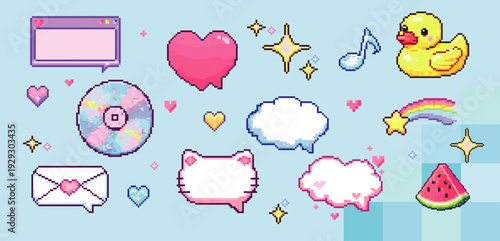 Pixel art game icons and speech bubble stickers in retro 8 bit style