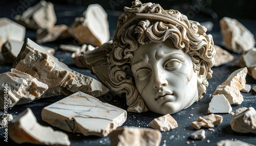 Broken classical bust and scattered stone fragments against a dark background