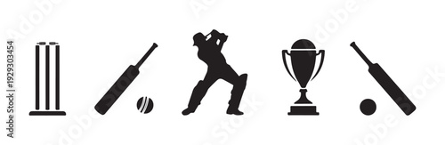 Cricket sport equipment icons featuring bat ball stumps and trophy collection vector