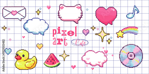 Pixel art cute stickers with speech bubbles and duck in retro 8 bit style