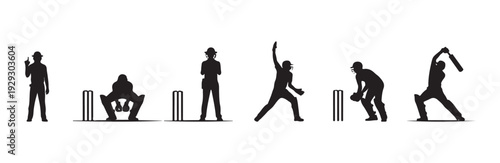 Collection of cricket player silhouettes showing actions like batting bowling fielding and wicket keeping
