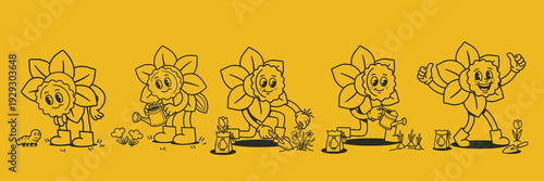 Cute vintage daffodil mascot character set in spring garden poses with watering can planting tools and cheerful expressions