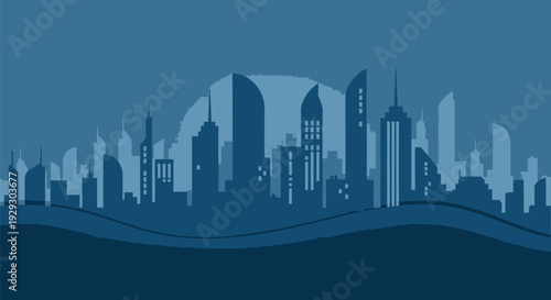 City Skyline Silhouette Against Blue Background.