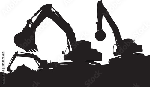 Black silhouette of two excavators on construction site