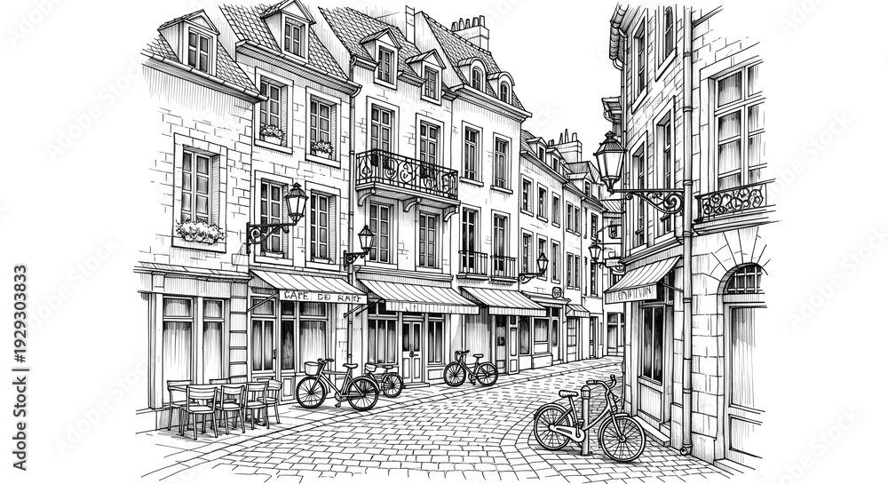 Obraz premium Elegant European Old Town Street with Cobblestones, Wrought Iron Balconies and Café Terraces at Soft Evening Light