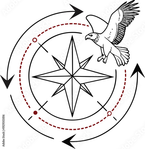 Compass with eagle flying on top for navigation and direction