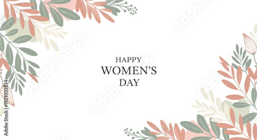 Happy women's day greeting card with elegant floral border on white