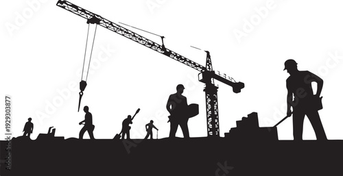Black silhouettes of construction workers and crane on white background