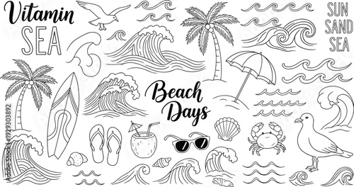 Beach days summer surfing collection with palm trees ocean waves surfboard beach umbrellas and seagull in cad drawing flat vector illustration