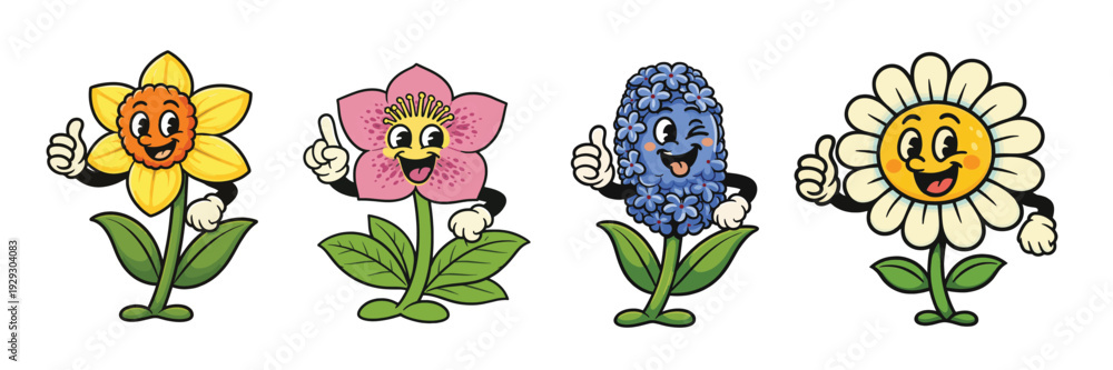 Naklejka premium Vintage style spring flower mascot collection with cute smiling cartoon blossoms
