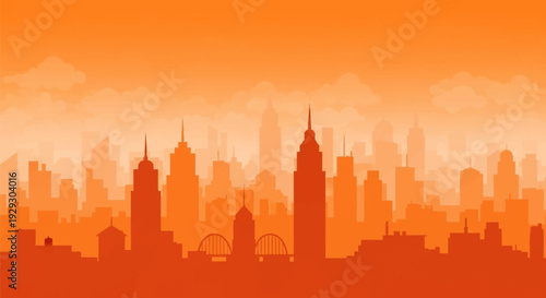 City Skyline Silhouette Against Orange Sky.