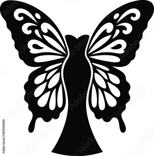 Elegant butterfly wing dress gown silhouette illustration for fashion design and beauty boutique branding.