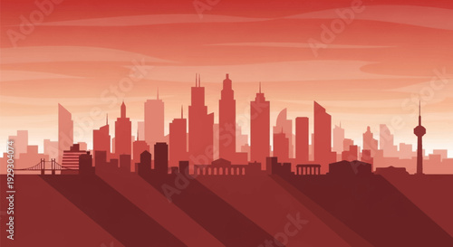 City Skyline Silhouette Against Orange Sky.