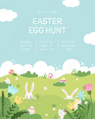 Fun hand drawn Easter Egg Hunt designs with bunnies, Easter eggs and flowers - great for invitations, banners, posters, flyers - vector design