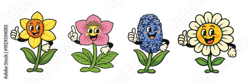 Vintage style spring flower mascot collection with cute smiling cartoon blossoms