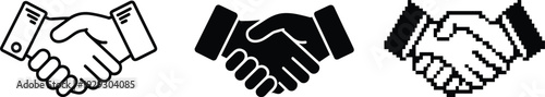 Handshake icon collection in outline, solid and pixel styles, business agreement partnership symbol vector set