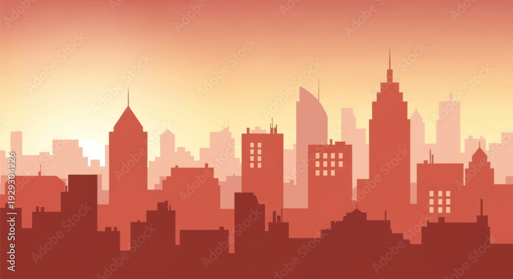 Obraz premium City Skyline Silhouette Against Orange Sky.