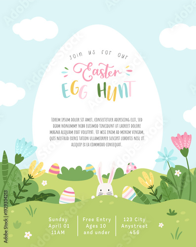 Fun hand drawn Easter Egg Hunt designs with bunnies, Easter eggs and flowers - great for invitations, banners, posters, flyers - vector design