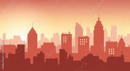 City Skyline Silhouette Against Orange Sky.