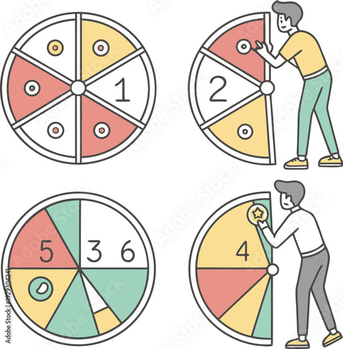 Colorful wheel of fortune game with cartoon people turning wheel isolated on white background