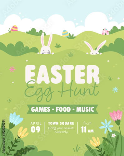 Fun hand drawn Easter Egg Hunt designs with bunnies, Easter eggs and flowers - great for invitations, banners, posters, flyers - vector design