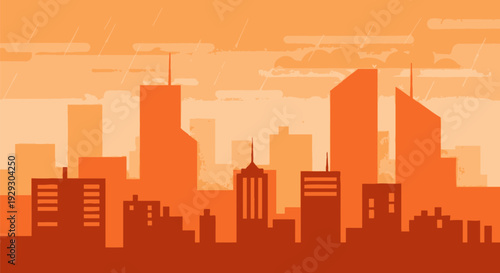City Skyline Silhouette Against Orange Sky.