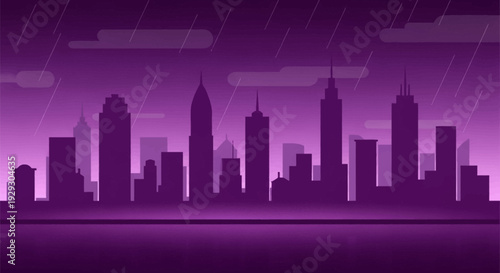 City Skyline Silhouette Against Purple Sky.