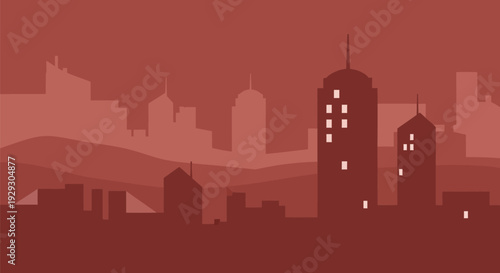 City Skyline Silhouette Against Red Sky.