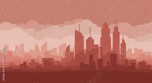 City Skyline Silhouette Against Red Sky.